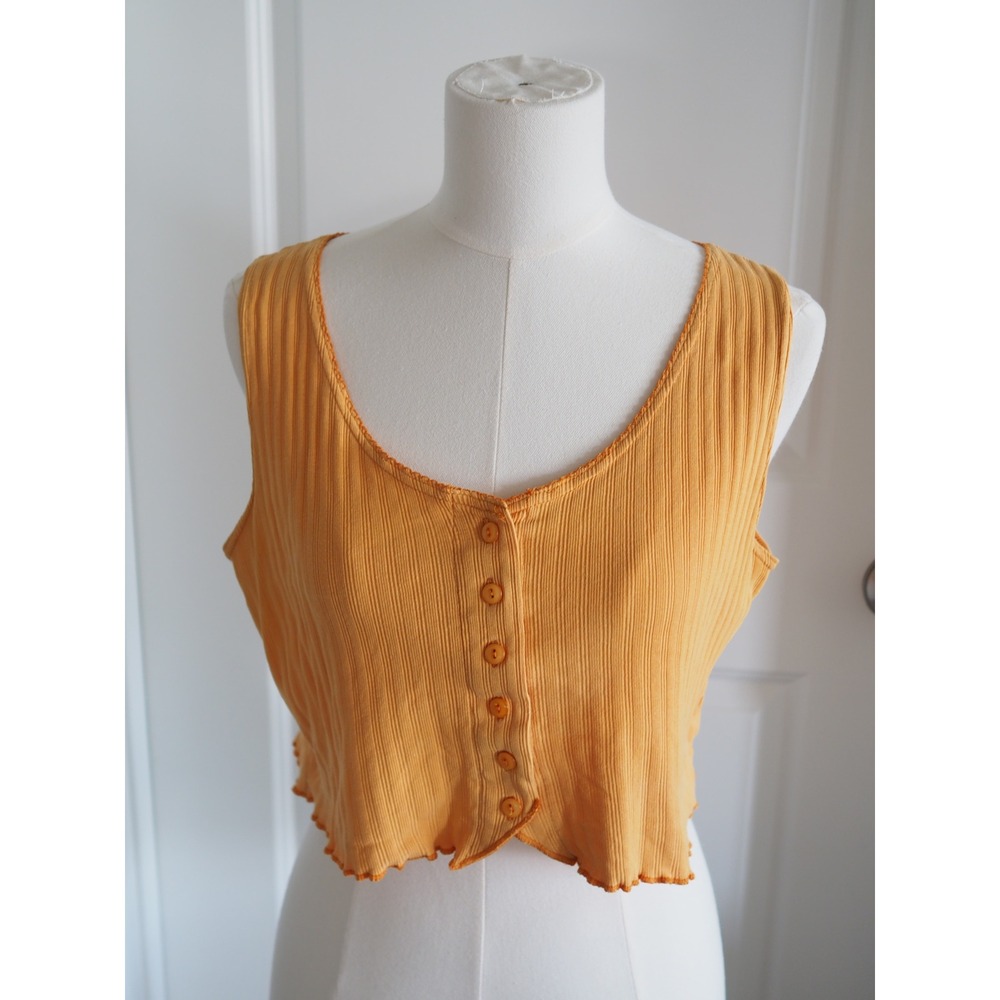 Vtg Reference Point yellow Ribbed Button Crop Cotton Tank Top Y2K 90s